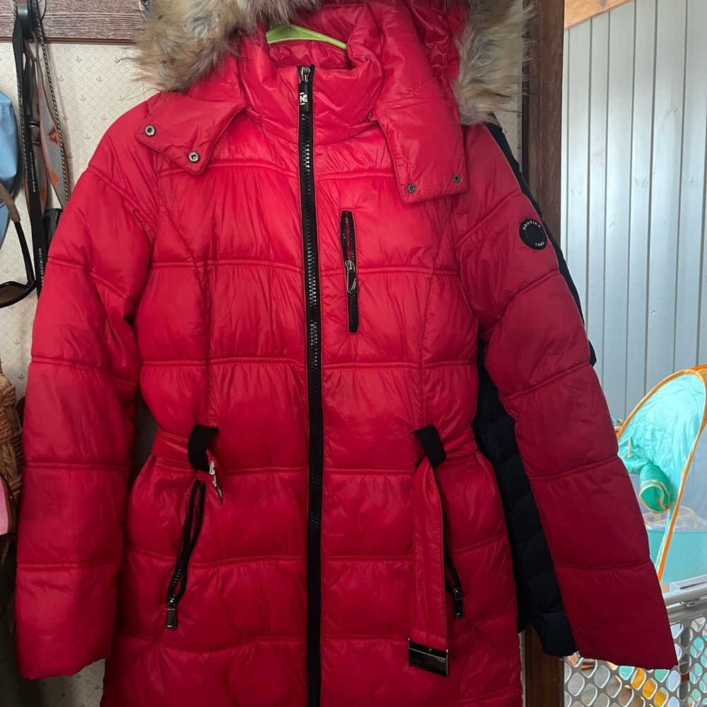Nautica Red Puffer Jacket with Fur Hood